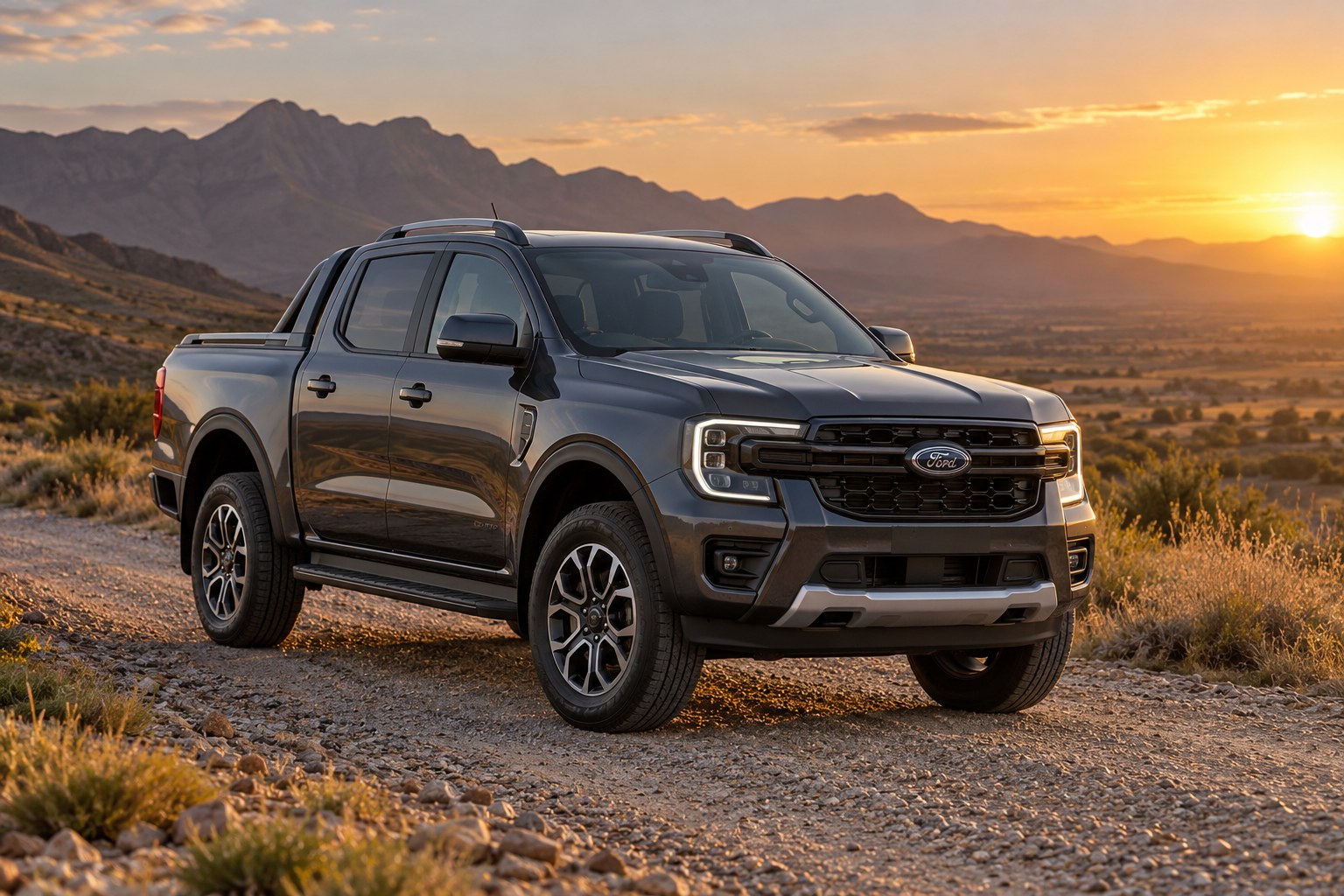 A dark grey Ford Ranger parked on a gravel road in a mountain landscape